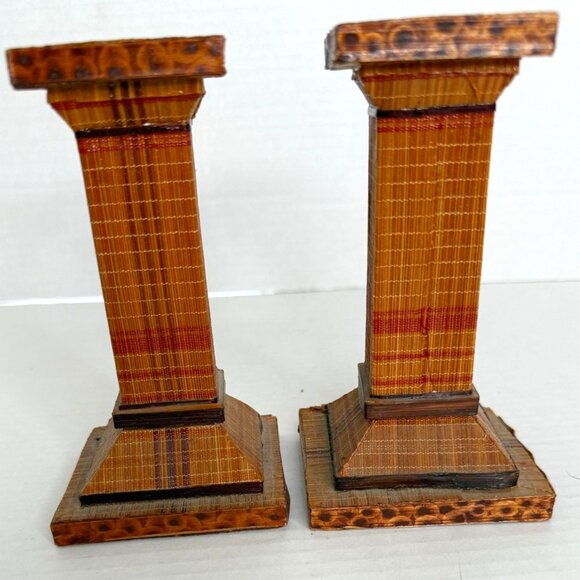 Vintage Handcrafted MCM Wooden Pencil Bamboo Candle Holders 5" Tall Square Base - Picture 1 of 7